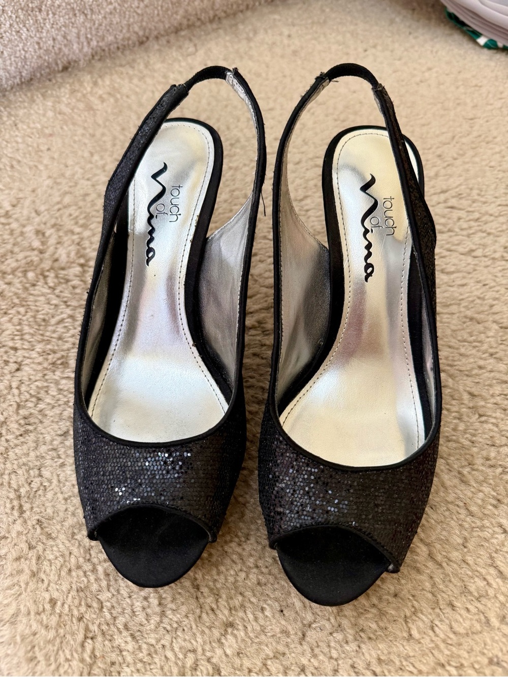 Touch of Nina Black Sequin Peep Toe Slingback Heels